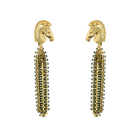 Gold-plated horse Earrings with green crystal pendants
