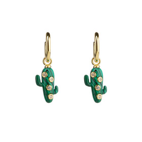 large gold-plated silver earrings with malachite cactus pendants with crystals
