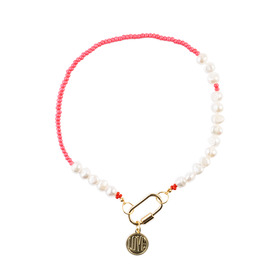 pink beads and pearls necklace with a carabiner and a coin
