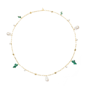 gold-plated silver chain necklace with malachite cactus pendants, baroque pearls and crystals