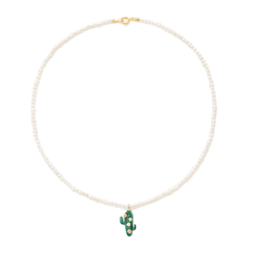 pearl necklace with malachite cactus pendant and crystals