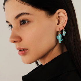 Large turquoise earrings with cactus-shaped crystals