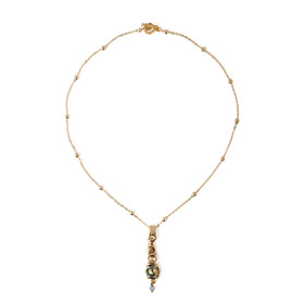 Gold-plated pendant on a chain with galalite, mother-of-pearl and jade