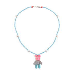 Teddy Bear necklace made of blue beads and pearls
