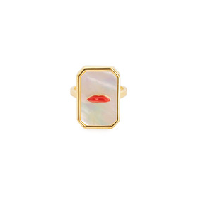 Lips for Chadon gold-plated silver ring in with mother-of-pearl insert and red enamel lips