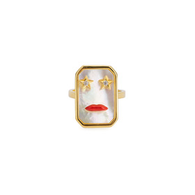 Lips for Chadon gold-plated silver ring in with mother-of-pearl insert, red enamel lips and star eyes