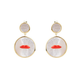 Lips for Chandon gold-plated silver round earrings with mother-of-pearl insert and red enamel lips