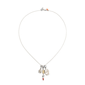 Necklace-chain made of silver with pendants made of mother of pearl, coral, bone