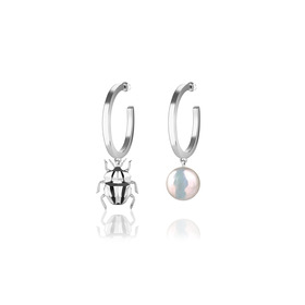 silver asymmetric earrings with a pearl and a bug