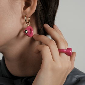 bright pink polymer clay mono earring with green crystal