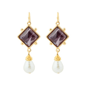 Gilded Vila earrings with a Czech purple glass insert and a pearl pendant
