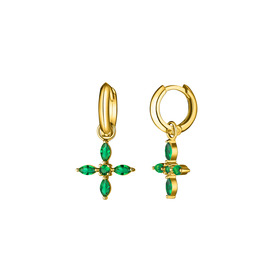 gold-plated silver transformer earrings with green crystal crosses