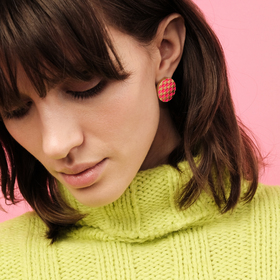 gold-plated silver studs with pink enamel houndstooth pattern