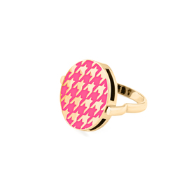 gold-plated double-sided ring-earring transformer with a neon enamel houndstooth pattern