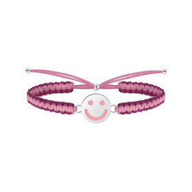 pink braided bracelet with a silver and enamel smile