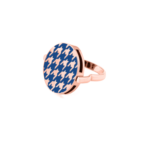 gold-plated double-sided ring-earring transformer with blue and brown enamel houndstooth pattern