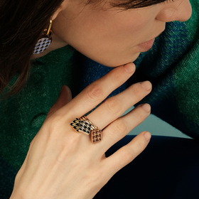 gold-plated silver ring with a neon enamel houndstooth pendant