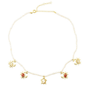 pearl necklace with mother-of-pearl and coral crab pendants with crystals