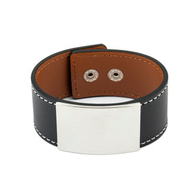 Black leather bracelet with a large silver buckle