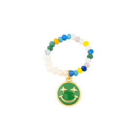 Frosted beaded ring with a green smiley face