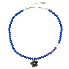 blue bead necklace with a black flower