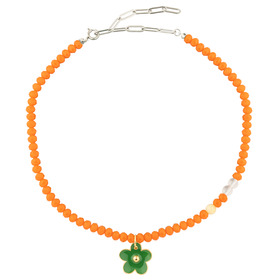 orange bead necklace with a green flower