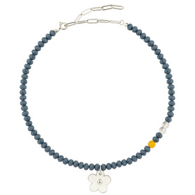 blue bead necklace with a white flower