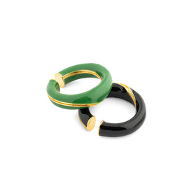 A pair of golden rings with green and black enamel