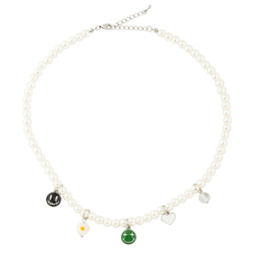 Pearl bead necklace with multicolored smile pendants
