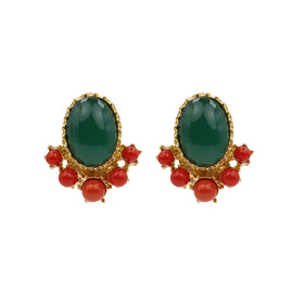 Gold-plated earrings with green and red crystals