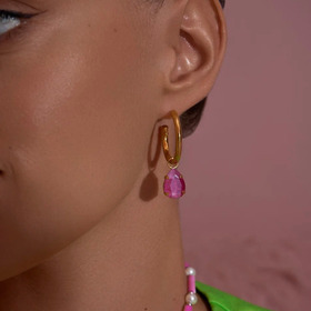 gold-plated hoop earrings with pink crystals
