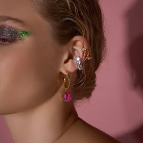 gold-plated hoop earrings with pink crystals