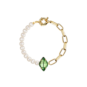 Gold-plated chain bracelet with pearls and Green Lemon Crystal