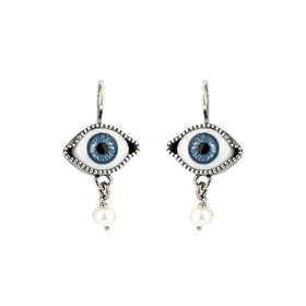 Silver Blue Eye Earrings with Pearl Pendant