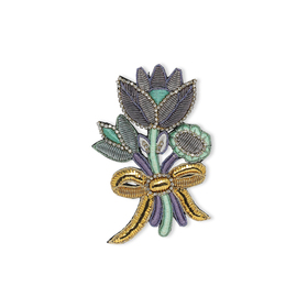 bouquet brooch with green and purple embroidery