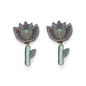 flower earrings with green and purple embroidery