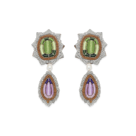 Large earrings with embroidered tourmaline and chrysolite