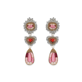 Large earrings with embroidered garnets and rubies