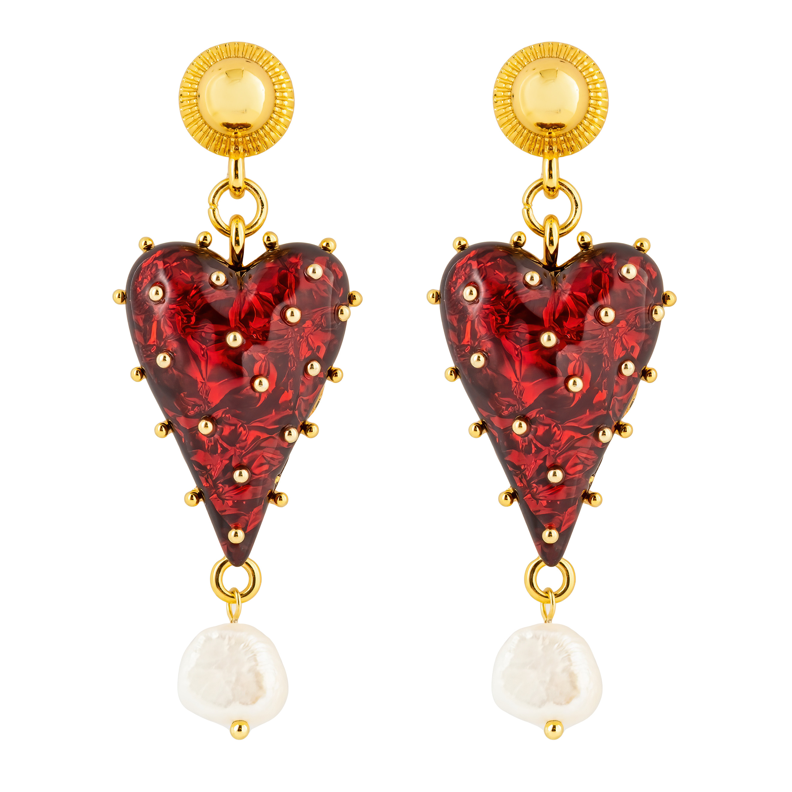 Golden earrings with a red heart and pearls buy at Poison Drop