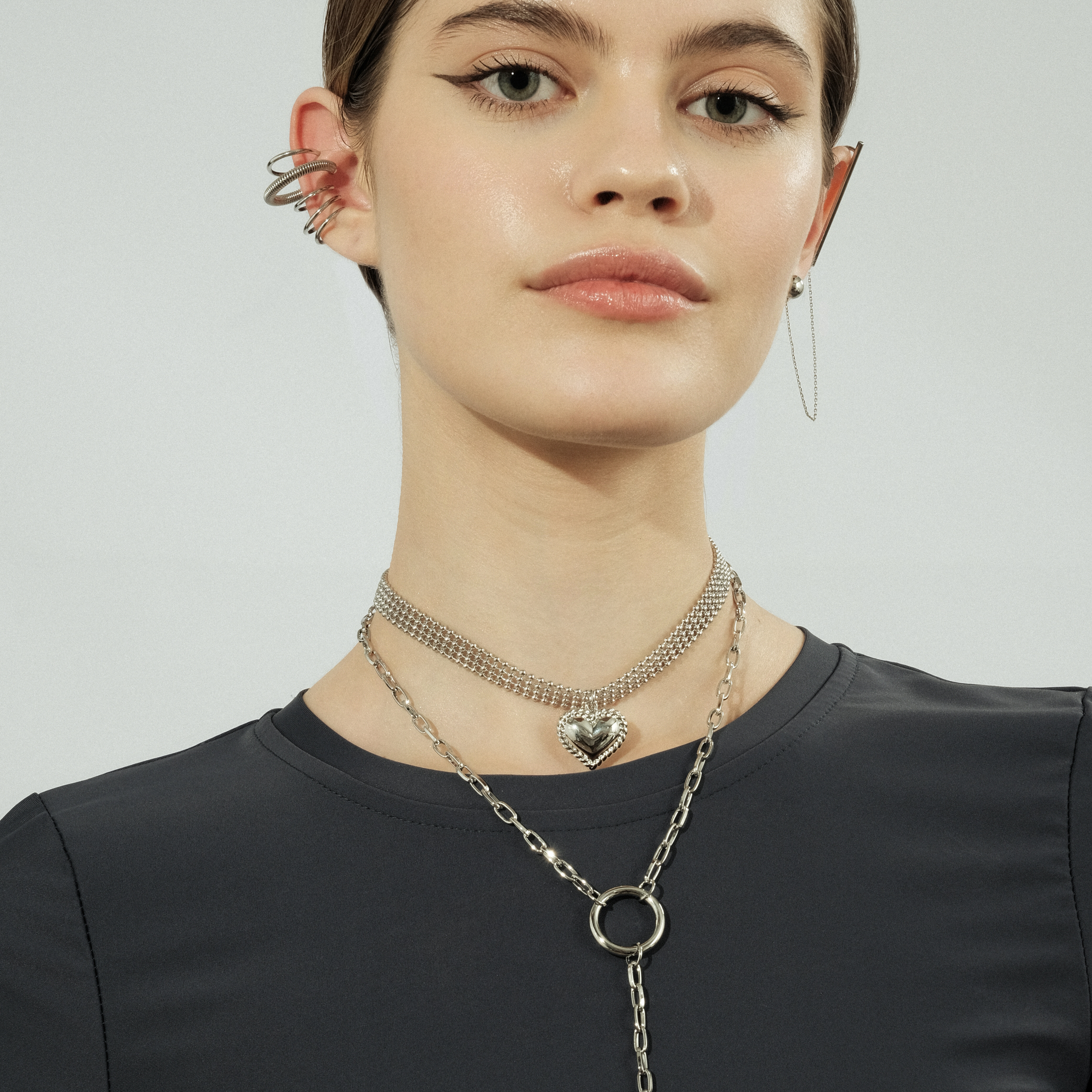 Silver wide choker with heart and chain buy at Poison Drop