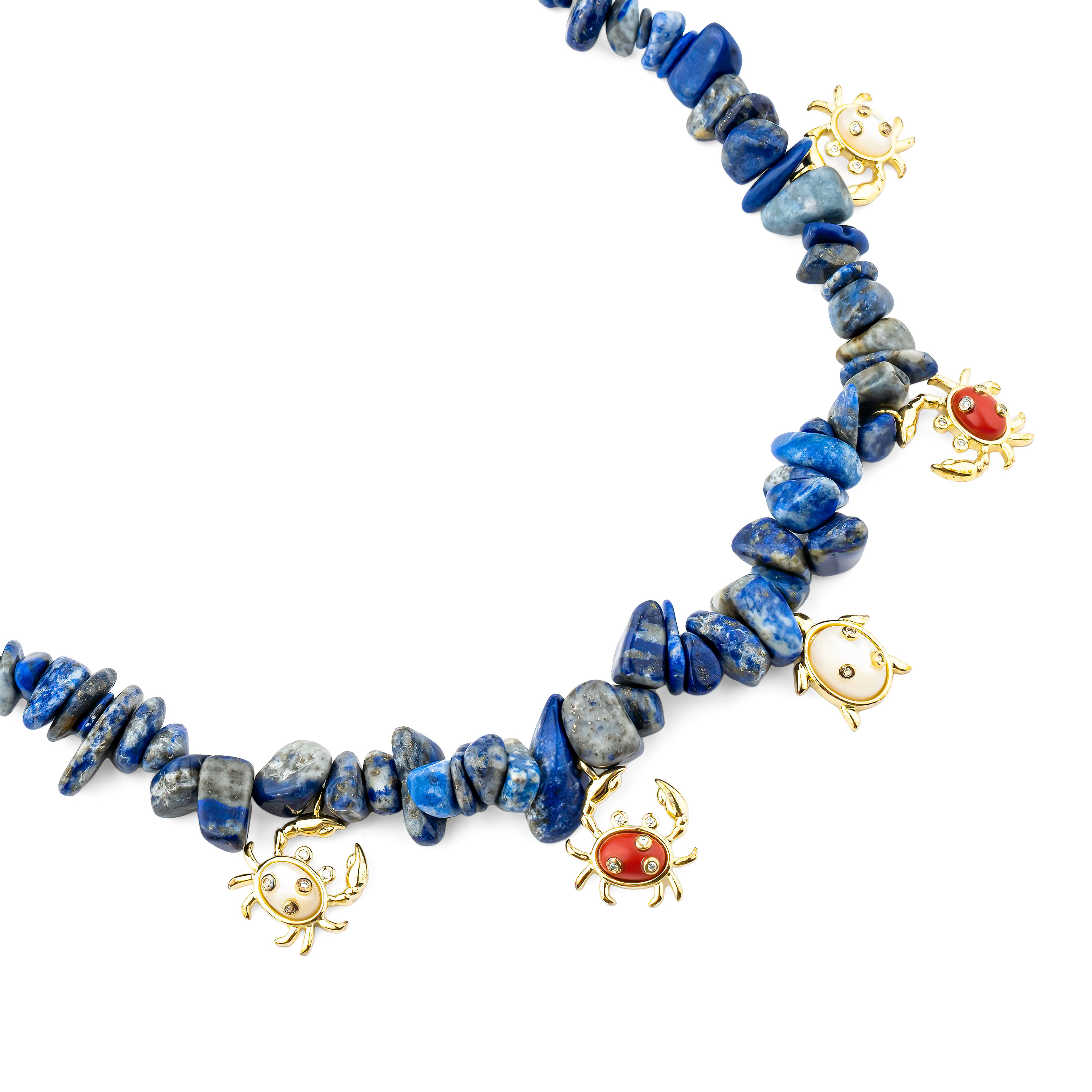 Lapis lazuli necklace with crab shaped pendants made of mother of